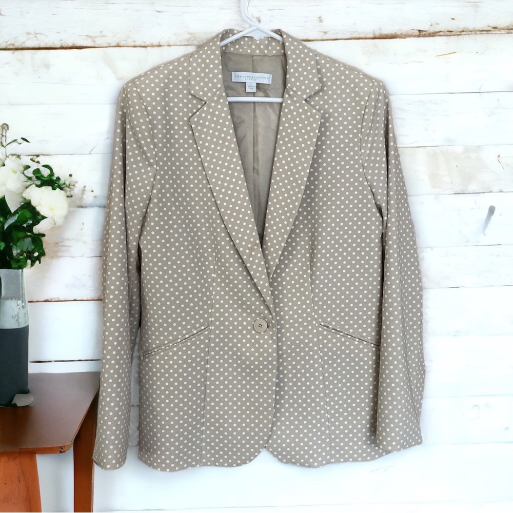 New York & Company Stretch Blazer Cream With White Polka Dots One Button Medium
